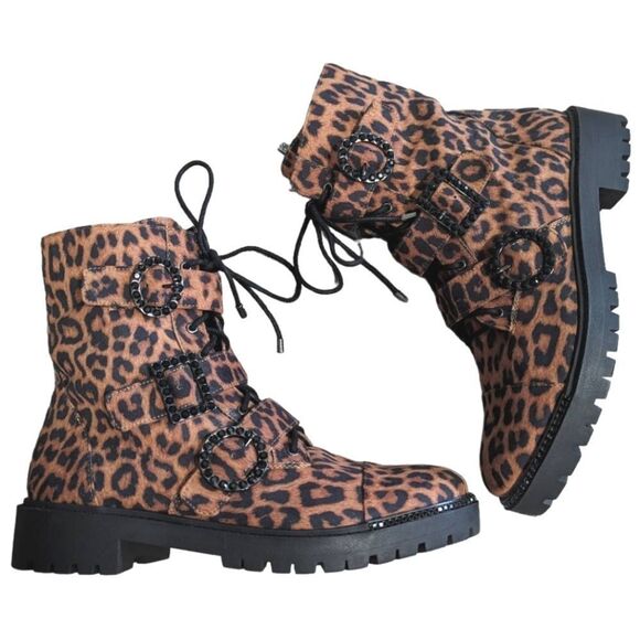 Jessica Simpson Kirlah animal print tan & black rhinestone combat boots 8.5 - Picture 2 of 11
